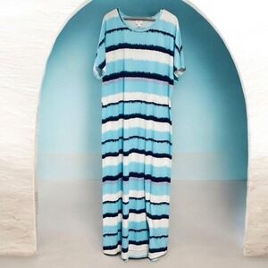 LuLaRoe Maria Maxi Dress 3XL Turquoise Blue White Striped Short Sleeve Plus Size